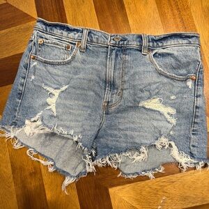 Abercrombie & Fitch The Mom Short Mid Rise Blue Distressed Jean Shorts